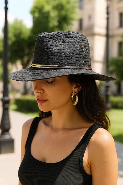 LAGRANZE Women's Textured Straw Hat with Gold Color Accessories