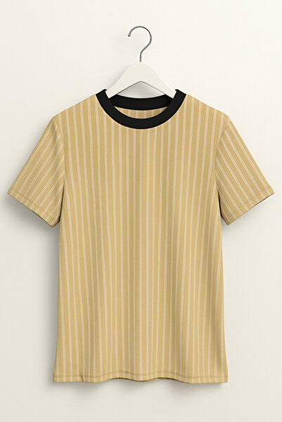 FATELLA Tricou cu mânecă scurtă pentru bărbați, bej, cu dungi albe, cu gât cr...