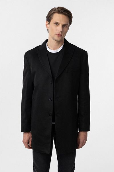 SÜVARİ Slim Fit Plain Black Pointed Collar Quality Cashmere Coat