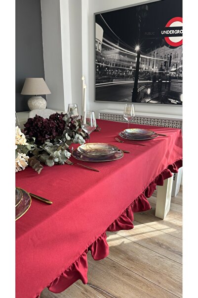 Decamor home Cotton Stain-Resistant Liquid-Proof Ruffled Burgundy Tablecloth
