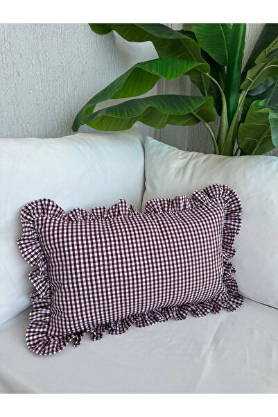 Decamor home Cotton Linen Burgundy Mini Gingham Ruffled Throw Pillow Cover 1Pc