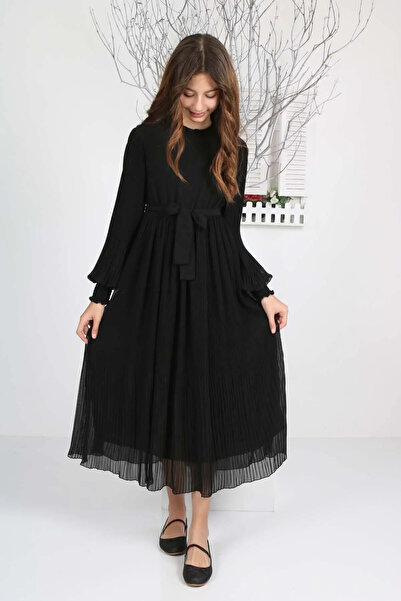 JOGCO Genç Kız Uzun Boydan Pliseli Şifon Tesettür Elbise