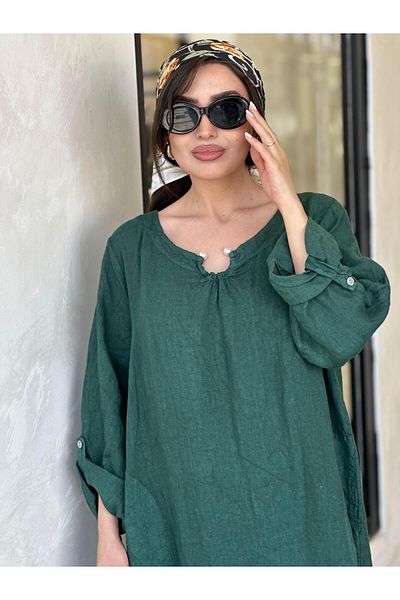 Ranasubaşı Pearl Buckle Linen Dress Khaki