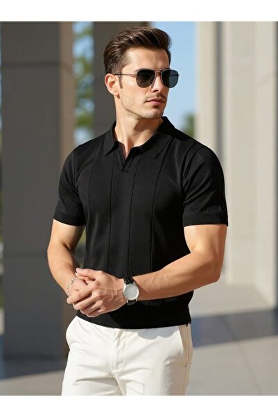 JANES Erkek Siyah Polo Yaka Fit Triko Tişört | Kısa Kollu Şık Yazlık Günlük v...