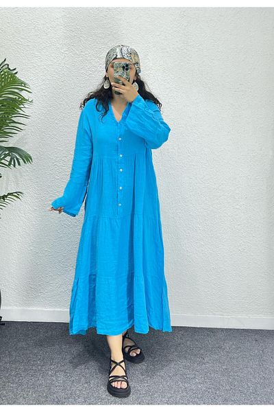 Ranasubaşı 100% Linen Relaxed Cut Long Dress Blue