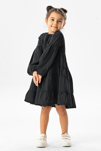 Eliş Şile Bezi Long Sleeve Ilai Summer Muslin Children's Dress Black Syh
