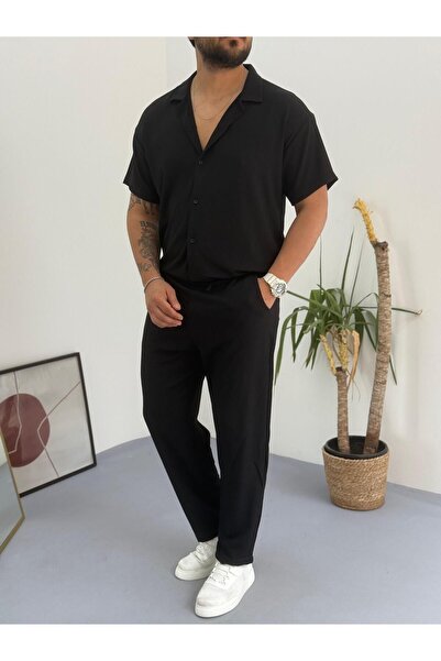 Fifty Color Комплект от мъжка риза и панталон с къс ръкав, летен креп и ликра, стил Алачатъ