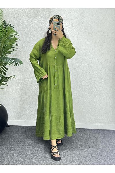 Ranasubaşı 100% Linen Relaxed Fit Long Dress Olive Green