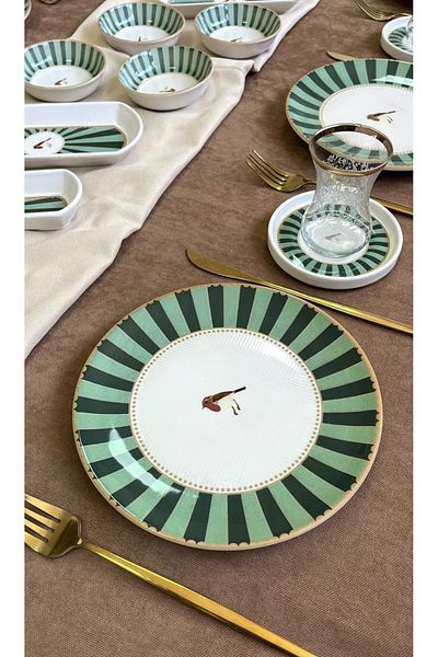 Erbaşlar Love Bird Green Round 20 Piece Luxury Breakfast Set for 6 People Breakfast Set