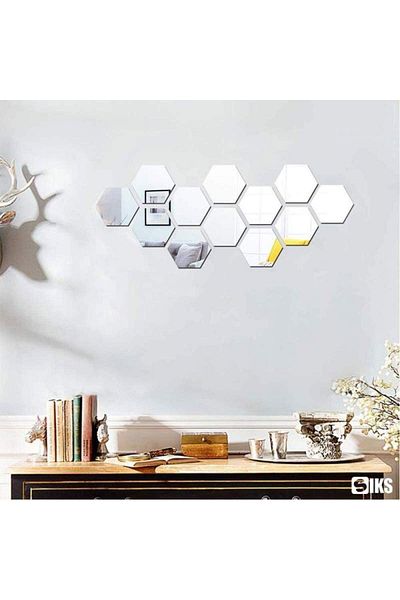 SIKS Set of 12 x SIKS Mirror Decorative Sticker in Hexagon Shape, Wall Decoration, 10.5 x 12.5 cm