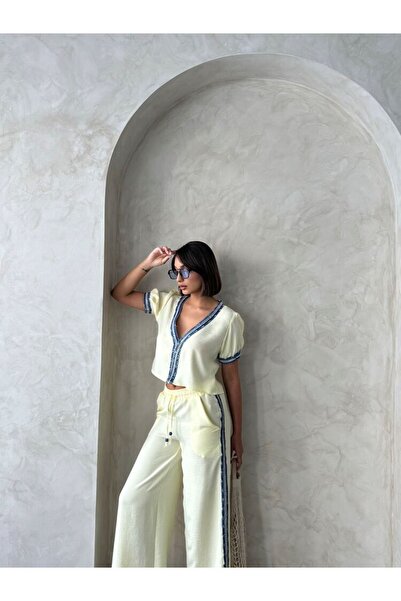 Moday Γυναικείο καλοκαιρινό κίτρινο τζιν πουκάμισο με κεντημένο μπουφάν 11D-2337