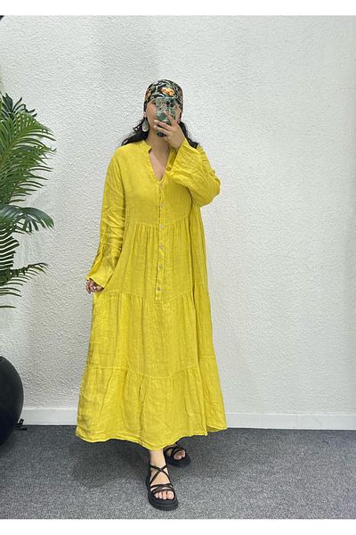 Ranasubaşı 100% Linen Relaxed Cut Long Dress Yellow