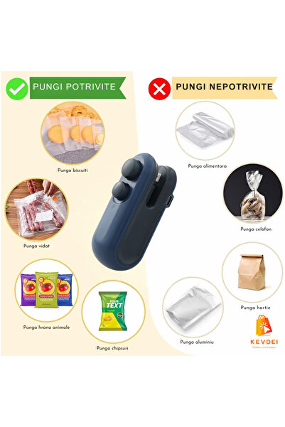 KEVDEI Mini Sigilator Pungi KEVDEI, Portabil, USB-C, Reîncărcabil, Cu Magnet, Tăiere + Lipire, Albastru