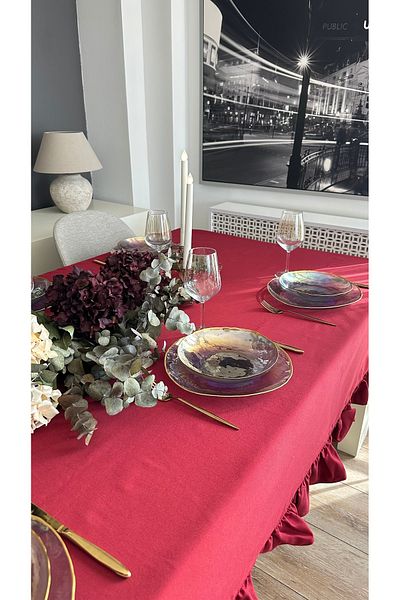 Decamor home Stain Resistant Liquid Proof Ruffled Burgundy Table Cloth
