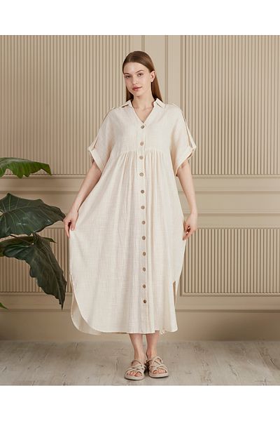 EL jadida Women's Buttoned Plus Size Linen Dress Beige