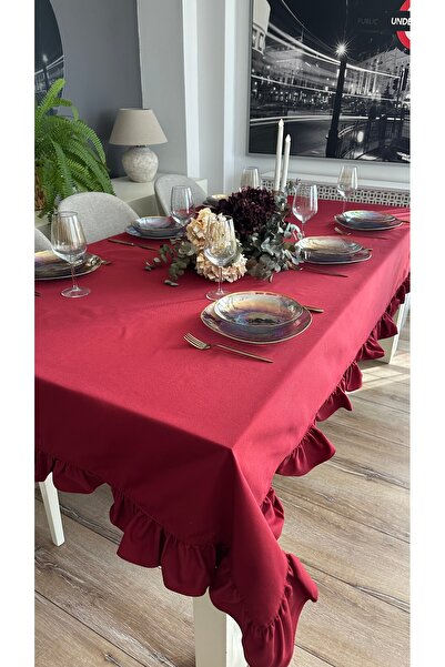 Decamor home Cotton Stain-Resistant Liquid-Proof Ruffled Burgundy Tablecloth