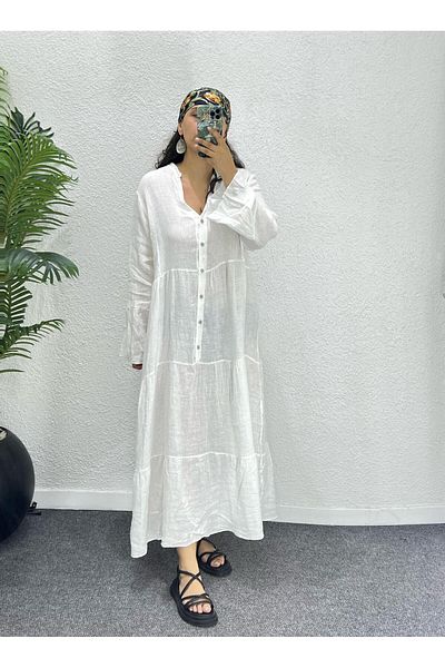 Ranasubaşı 100% Linen Relaxed Cut Long Dress White