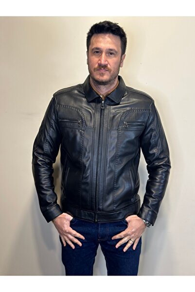 Antilop Deri M-23 Hakiki Deri Siyah Deri Mont Fermuar Detaylı Deri Ceket