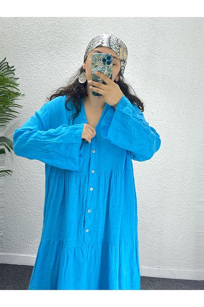 Ranasubaşı 100% Linen Relaxed Cut Long Dress Blue