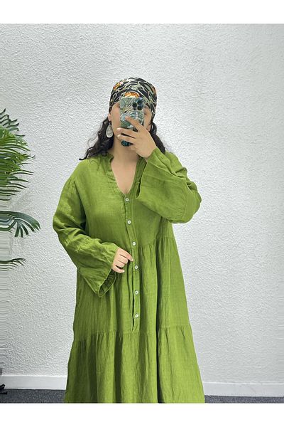 Ranasubaşı 100% Linen Relaxed Fit Long Dress Olive Green