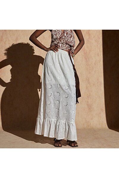 diaves Ecru Elastic Waist Guipure Detail High Waist Lined Long Skirt