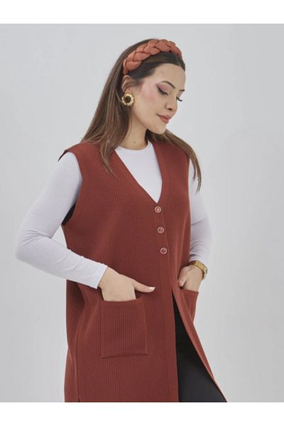 Stilmony Women's Long Seasonal Knitwear Lycra Pocket Button Detailed Casual Vest