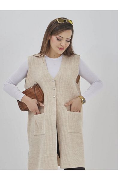 Stilmony Women's Long Seasonal Knitwear Lycra Pocket Button Detailed Casual Vest