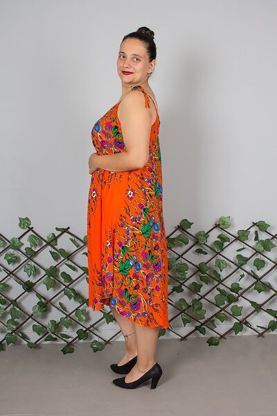 Truva XXL Plus Size Suspender Cotton Patterned Orange Dress – up to Size 50