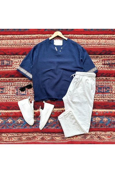 tiggirmoda Oversize Low Sleeve Linen T-Shirt and Baggy Pants Combination