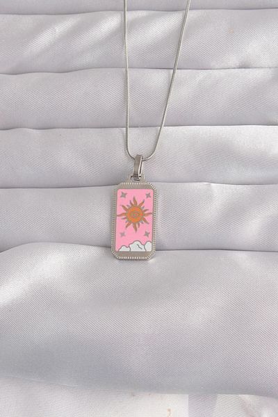 AfraBeauty 316L Steel Silver Color Pink Enamel Sun Model Tarot Necklace