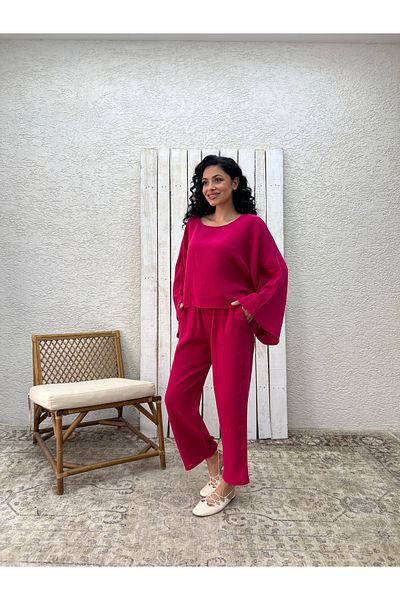 KÜÇÜĞÜM BUTİK Set de două piese bluză pantaloni muselină fucsia (PANTALON-BLUEZ)