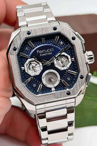 Ferrucci Function Men's Wristwatch, Steel Band & Special Design, 3Atm Water Resistant Silver-Blue Sdfer