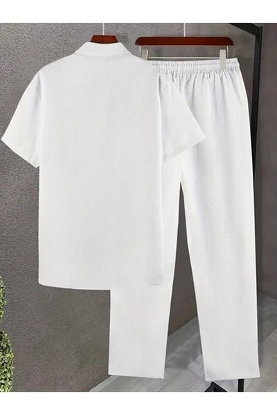 Fifty Color Men's White Short Sleeve Shirt and Pants Wrinkle Crinkle Suit