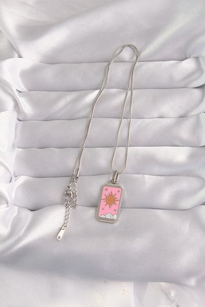 AfraBeauty 316L Steel Silver Color Pink Enamel Sun Model Tarot Necklace