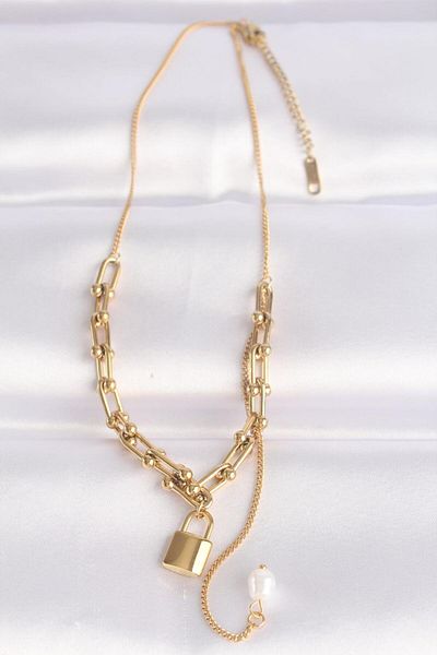 AfraBeauty 316L Steel Chain Gold Color Chain Love Written Lock Necklace