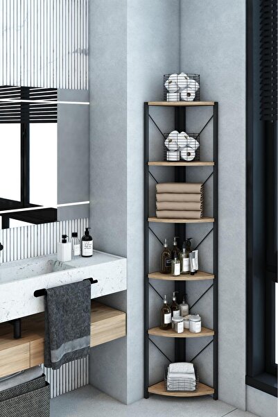 Remaks Datça 6 Raflı Metal Köşe Kitaplık Rafı Dekoratif Aksesuar Rafı 180 Cm Meşe
