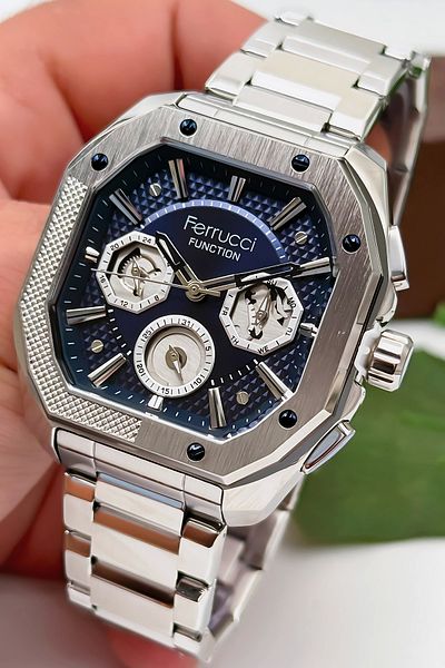 Ferrucci Function Men's Wristwatch Steel Case & Steel Cord Silver-Blue Zmfer187