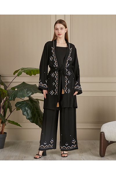 EL jadida Women's Embroidered Belted Plus Size Suit Black Mink