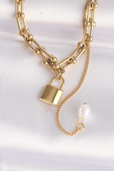 AfraBeauty 316L Steel Chain Gold Color Chain Love Written Lock Necklace