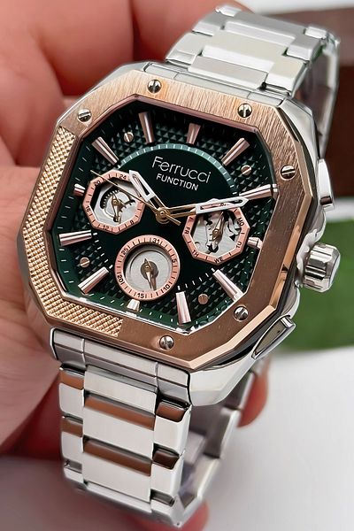 Ferrucci Function Men's Wrist Watch Steel Case & Steel Cord Silver-Green Zmfer187