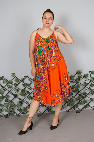 Truva XXL Plus Size Suspender Cotton Patterned Orange Dress – up to Size 50