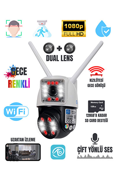Dual Lens 2+2MP WiFi Güvenlik Kamerası Gece Renkli 355° Çift Ses SD Destekli