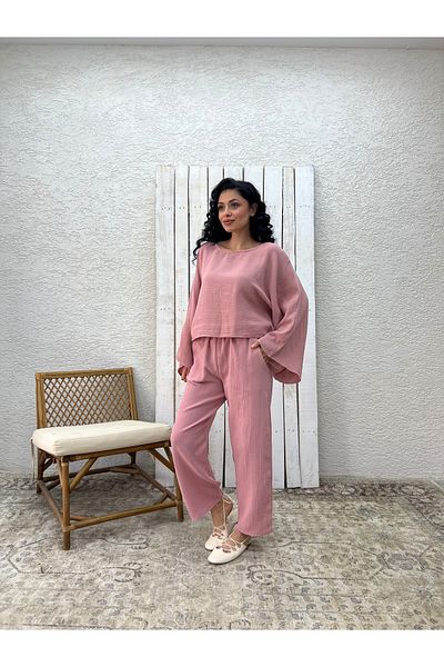 KÜÇÜĞÜM BUTİK Set de două bluze cu pantaloni de muselină pudră (PANTALON-BLUSE)
