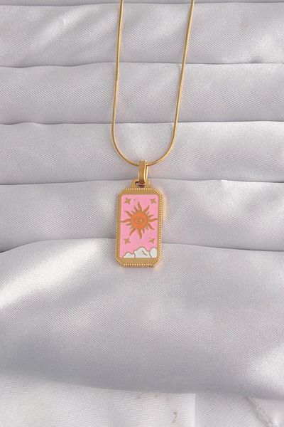 AfraBeauty 316L Steel Gold Color Pink Enameled Sun Model Tarot Necklace