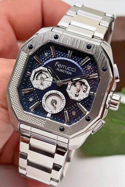 Ferrucci Function Men's Wristwatch Steel Case & Steel Cord Silver-Blue Zmfer187