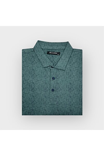 KAMER Plus Size Shirt Collar Short Sleeve Lycra Patterned Green T-Shirt 9505Y