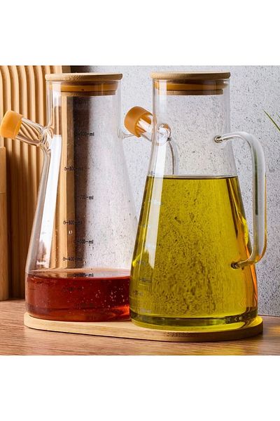 Flash Bazaar 2-Piece Glass Oil Pot with Bamboo Lid and Glass Oil Pot with Stand - Vinegar Bowl 900ml