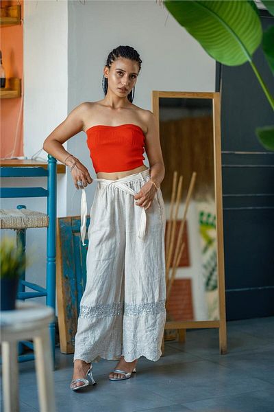 Miss Boheme Cream Color Sequin Detailed and Embroidered Linen Trousers