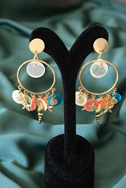 FİRST JEWELRY Charmlı Sallantılı Yıldız Midye Halka Gold Küpe