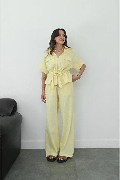 Havoş Yellow Front Zippered Belted Blouse Trousers Set